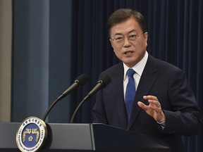 South Korean President Moon Jae-in speaks on the third anniversary of his inauguration at the presidential Blue House on May 10, 2020 in Seoul, South Korea.