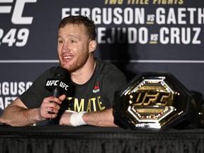 Justin Gaethje speaks to the media after his Interim lightweight title fight against Tony Ferguson of the United States during UFC 249 at VyStar Veterans Memorial Arena on May 9, 2020 in Jacksonville, Florida.
