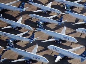 Decommissioned and suspended jetBlue commercial aircrafts are seen stored in Pinal Airpark on May 16, 2020 in Marana, Arizona.