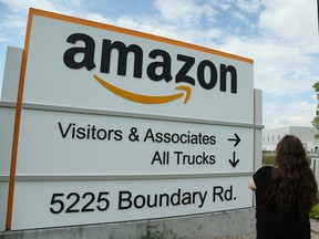 Rachel Westley stands in front of the Amazon warehouse in Ottawa.