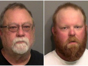 Former police officer Gregory McMichael, 64, and his son Travis McMichael pose for booking photos taken May 7, 2020.