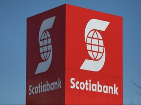 The Bank of Nova Scotia (Scotiabank) logo is seen outside of a branch in Ottawa, Feb. 14, 2019.