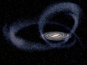 The star formation triggered by the Sagittarius dwarf galaxy in its current approximation to the Milky Way is seen in an illustration released May 26, 2020.