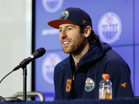 Edmonton Oilers' James Neal (18) is interviewed by media at Rogers Place on March 10, 2020.