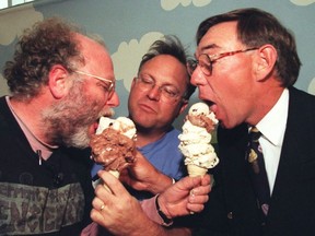 Famous Ice Cream Guys BEN Cohen (L) and JERRY Greenfield (C) toast the introduction of Ben & Jerry's Ice Cream to Canada.