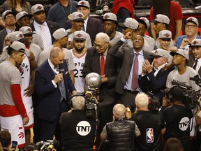 Toronto Raptors team president Masai Ujiri looks up and pumps his fist after the game in Toronto, Ont. on Saturday May 25, 2019.