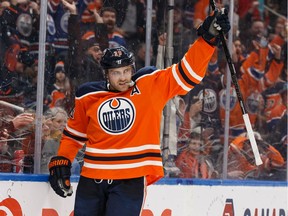 Edmonton Oilers forward Leon Draisaitl (29) celebrates a goal on Nashville Predators goaltender Pekka Rinne at Rogers Place in Edmonton on Jan. 14, 2020. With the regular season now officially now finished, he becomes the 10th player in the club's 40 seasons to win the scoring title and Art Ross Trophy.