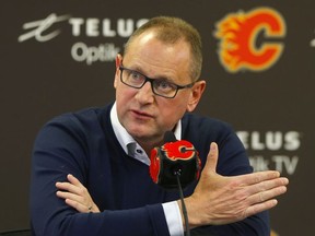 Flames general manager Brad Treliving speaks to media on the stoppage of the NHL and the death of Ken King at the Scotiabank Saddledome in Calgary on Thursday, March 12, 2020.