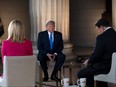 U.S. President Donald Trump gestures as he speaks during a Fox News virtual town hall "America Together: Returning to Work," event, with anchors Bret Baier (right) and Martha MacCallum (left), from the Lincoln Memorial in Washington, D.C. on May 3, 2020.