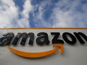 This file photo taken on November 28, 2019,  shows the Amazon logo at one of the company's centre in Bretigny-sur-Orge.