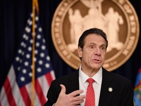 In this file photo taken on March 2, 2020 New York Governor Andrew Cuomo speaks during a press conference to discuss the first positive case of novel coronavirus or COVID-19 in New York State, in New York City.