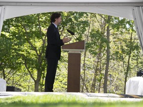 Prime Minister Justin Trudeau responds to a question from the media during a daily news conference outside Rideau Cottage in Ottawa, Friday May 22, 2020.