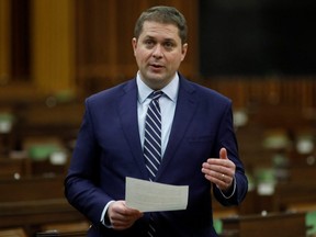 Conservative Party leader Andrew Scheer speaks during Question Period in the House of Commons on Parliament Hill, in Ottawa, April 20, 2020.