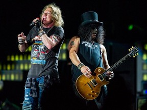 Axl Rose and Slash perform at the Guns 'N' Roses 'Not In This Lifetime' Tour at QSAC Stadium Brisbane on February 7, 2017.