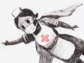 A painting of a young boy who chooses a nurse as the superhero he wants to play with over Batman and Spiderman in a new artwork by Banksy.