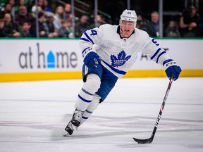 Toronto Maple Leafs defenceman Tyson Barrie in action during the game between the Stars and the Maple Leafs at the American Airlines Center.