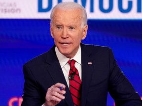 Democratic U.S. presidential candidate and former Vice President Joe Biden speaks during the 11th Democratic candidates debate of the 2020 U.S. presidential campaign, held in CNN's Washington studios without an audience because of the global coronavirus pandemic, in Washington, D.C., March 15, 2020.