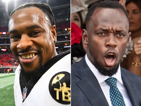 NFL player Ted Ginn Jr., left, and Olympian Usain Bolt are pictured in file photos.