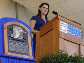 Brandy Halladay speaks on behalf of her late husband, Roy Halladay, during the Baseball Hall of Fame induction ceremony at Clark Sports Center on July 21, 2019 in Cooperstown, New York.