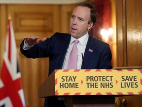 Britain's Health Secretary Matt Hancock speaks during a daily news conference to update on the coronavirus outbreak, at 10 Downing Street in London, Britain May 1, 2020.