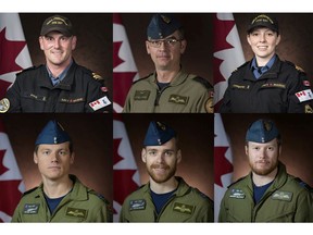 Handout image shows the six members of the Canadian Armed Forces who were killed after a Canadian military CH-148 Cyclone helicopter crashed in the Mediterranean Sea off the coast of Greece. (Top L-R) Sub-Lt. Matthew Pyke, Master Corporal Matthew Cousins, Sub-Lt. Abbigail Cowbrough, (Bottom L-R)  Capt. Kevin Hagen, Capt. Maxime Miron-Morin, Capt. Brenden Ian MacDonald.