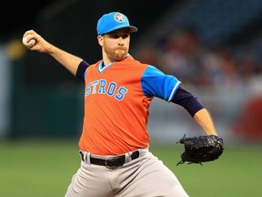 Collin McHugh of the Houston Astros pitches against the Los Angeles Angels of Anaheim on August 25, 2017 in Anaheim.