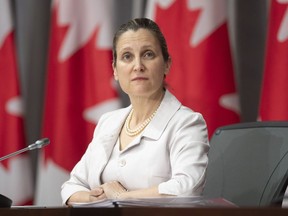 Deputy Prime Minister and Minister of Intergovernmental Affairs Chrystia Freeland listens to a video conference speaker during a news conference in Ottawa, Friday, May 15, 2020.