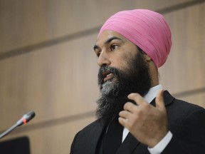 NDP leader Jagmeet Singh holds a press conference on Parliament Hill amid the COVID-19 pandemic in Ottawa on Monday May 25, 2020.