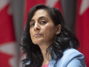 Public Services and Procurement Minister Anita Anand listens to a question during a news conference in Ottawa on April 16, 2020.