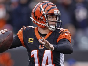 In this Dec. 15, 2019, file photo, Andy Dalton of the Cincinnati Bengals drops back to throw during the second half against the New England Patriots at Paul Brown Stadium in Cincinnati, Ohio.
