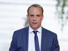 Britain's Foreign Secretary Dominic Raab arrives at Downing Street in London on May 28, 2020.