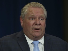 Ontario Premier Doug Ford speaks during a news briefing at Queen's Park in Toronto on Wednesday, May 20, 2020.