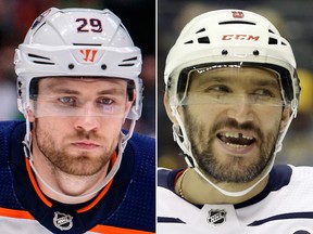 Edmonton Oilers centre Leon Draisaitl (L) and Wshington Capitals left wing Alex Ovechkin.