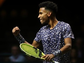 Felix Auger Aliassime celebrates his victory against Jan-Lennard Struff during the ABN AMRO World Tennis Tournament at Rotterdam Ahoy on February 11, 2020 in Rotterdam.