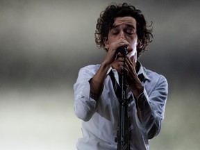 The leader singer of British pop rock band The 1975, Matt Healy, performs on the second day of the Benicassim International Music Festival (FIB) in Benicassim, Spain, early on July 20, 2019.