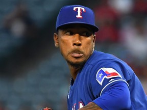 Emmanuel Clase of the Texas Rangers pitches in the first inning of the game against the Los Angeles Angels at Angel Stadium of Anaheim on August 28, 2019 in Anaheim, Calif.