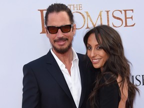 Chris Cornell and Vicky Karayiannis attend the premiere of 'The Promise' at the Chinese theatre in Hollywood, on April 12, 2017.