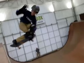 Brazilian skateboarder Gui Khury, 11, is doing a 1080 on a vertical ramp in this screengrab of a video posted on Facebook.