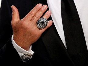 New England Patriots owner Robert Kraft with his Super Bowl championship ring at the 2017 Oscars Vanity Fair Party.
