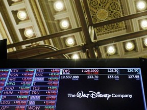 The logo of the Walt Disney Company is displayed above the floor of the New York Stock Exchange shortly after the closing bell as the market takes a significant dip in New York, U.S., February 25, 2020.