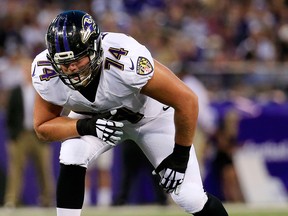 Offensive tackle James Hurst of the Baltimore Ravens lines up against the San Francisco 49ers during the first half of an NFL pre-season game at M&T Bank Stadium on Aug. 7, 2014, in Baltimore, Md.