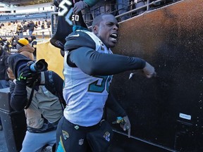 Telvin Smith of the Jacksonville Jaguars reacts as he walks off the field at Heinz Field on January 14, 2018 in Pittsburgh.
