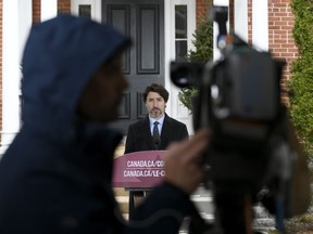 Prime Minister Justin Trudeau speaks during his daily news conference on the COVID-19 pandemic outside his residence at Rideau Cottage in Ottawa, on Monday, May 4, 2020.