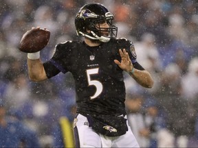 Quarterback Joe Flacco of the Baltimore Ravens throws the ball against the Indianapolis Colts at M and T Bank Stadium on December 23, 2017 in Baltimore.