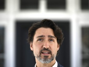 Prime Minister Justin Trudeau speaks during his daily news conference on the COVID-19 pandemic outside his residence at Rideau Cottage in Ottawa, on Sunday, May 3, 2020.