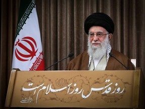 Iran's Supreme Leader Ayatollah Ali Khamenei delivers a live televised speech marking the annual Al-Quds Day (Jerusalem Day), in Tehran, Iran May 22, 2020.