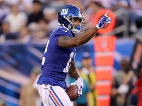 Cody Latimer of the New York Giants celebrates his first down against the Chicago Bears during a preseason game at MetLife Stadium on Aug. 16, 2019, in East Rutherford, N.J.