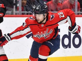 Washington Capitals left wing Brendan Leipsic (28) defends during a game at Capital One Arena.