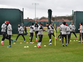 Liverpool players attend a training session at Melwood in Liverpool, north west England on the eve of their UEFA Champions League last 16 second leg football match against Atletico Madrid, on March 10, 2020.