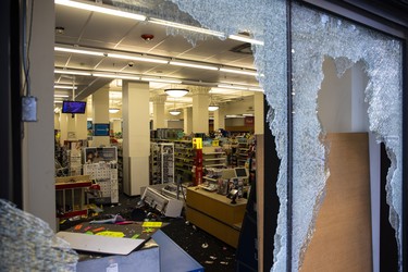 General view of a CVS store that was heavily damaged by protesters the night before on May 30, 2020 in Louisville, Kentucky.
